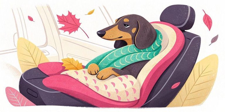 Illustration of a dachshund wrapped in a scarf and blanket, sitting on a car seat. Autumn leaves are scattered around inside and outside the car.