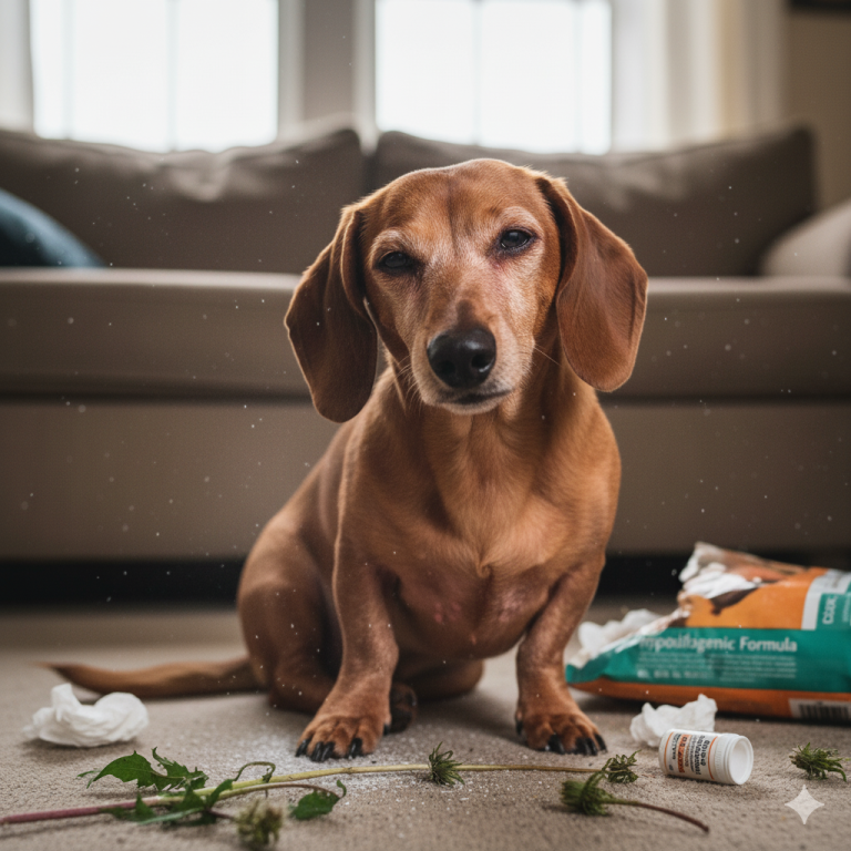 A dachshund with allergies sits on a living room carpet surrounded by tissues, a pill bottle, dandelions, and a bag of hypoallergenic dog food, with a sofa in the background.