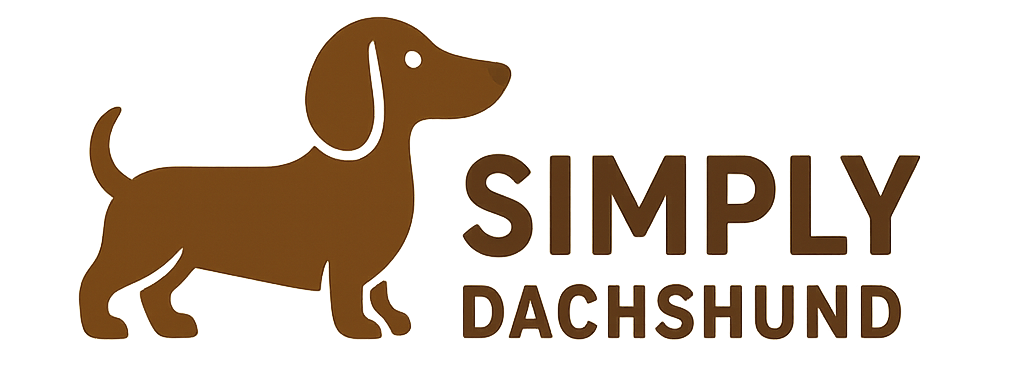 A brown silhouette of a dachshund dog stands beside the bold, capitalized text "SIMPLY DACHSHUND" on a crisp white background.