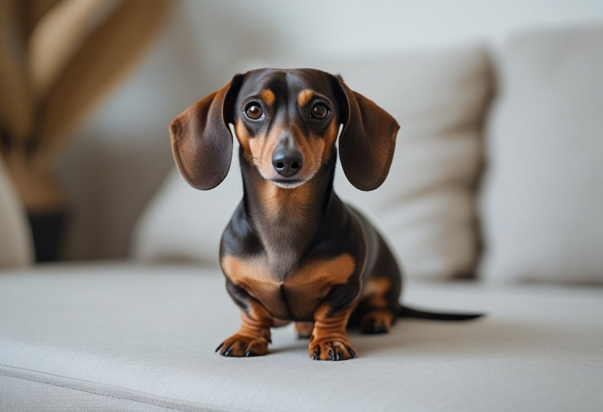 A miniature dachshund sitting attentively on a neutral surface with a blurred background.