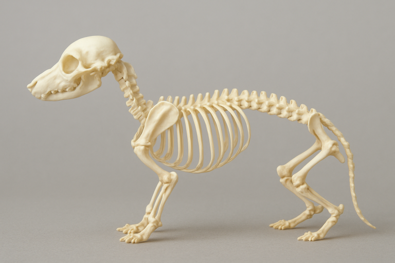 Side view of a small animal skeleton, likely a dachshund, displayed against a plain gray background. The clean, fully articulated bones highlight common dachshund back problems and offer insight into wiener dog health.