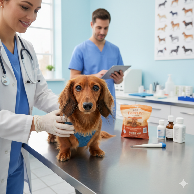 A dachshund wearing a harness sits on a veterinary exam table receiving attentive veterinary care, while a veterinarian checks it and another staff member uses a tablet in the background.