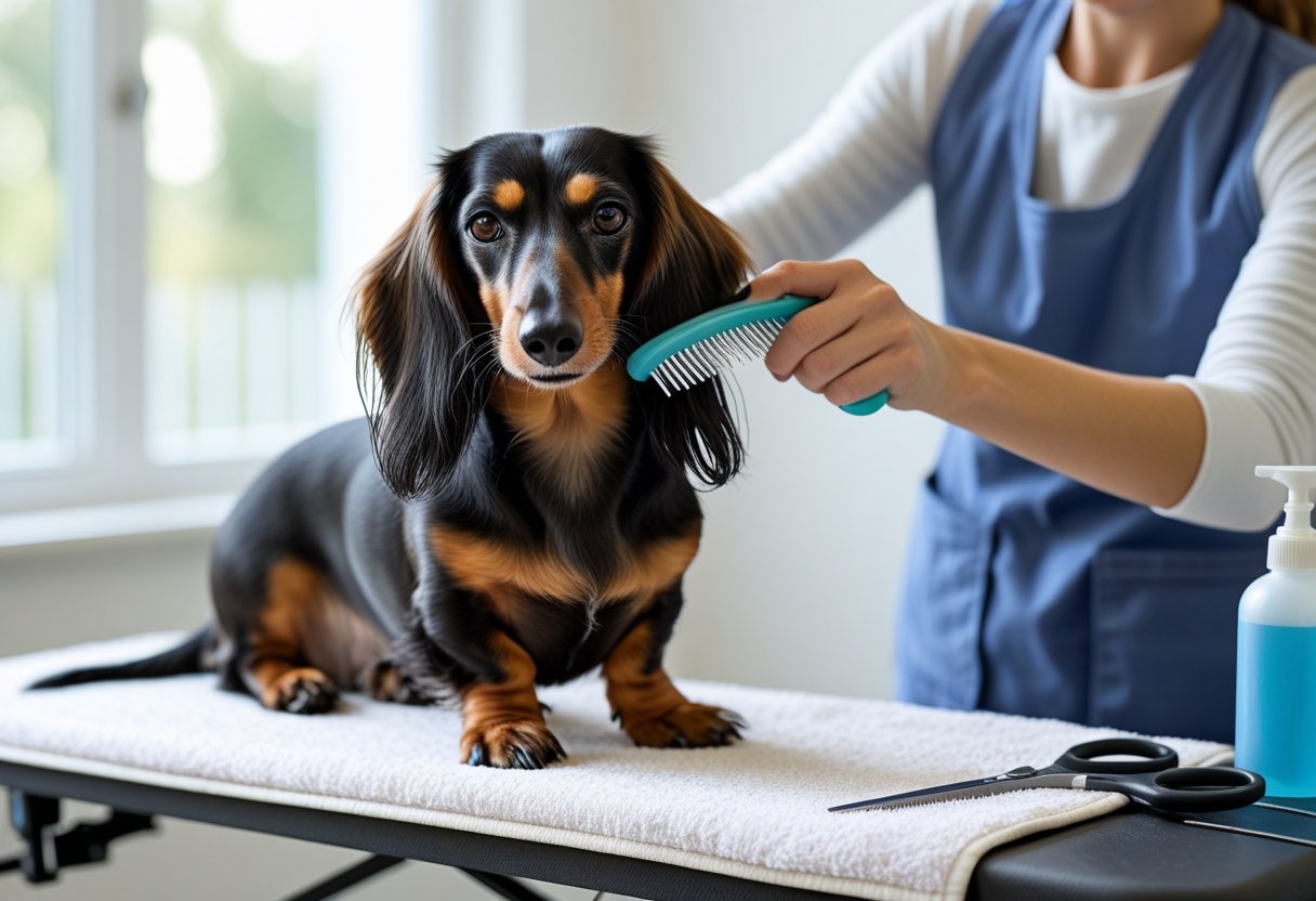 Person grooming a long-haired dachshund on a table using a brush indoors.