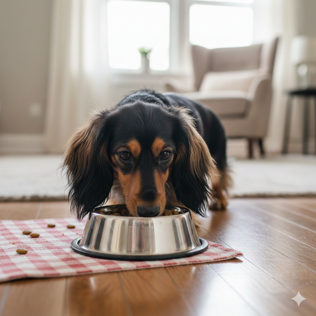 A long-haired dachshund eats from one of the stylish Dachshund Food Bowls placed on a red and white checkered mat on a hardwood floor in a bright living room.
