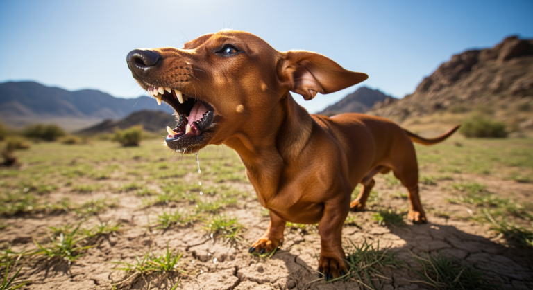 A brown dachshund displays classic Dachshund Aggression, standing on dry ground outdoors, baring its teeth and barking with mountains visible in the background.
