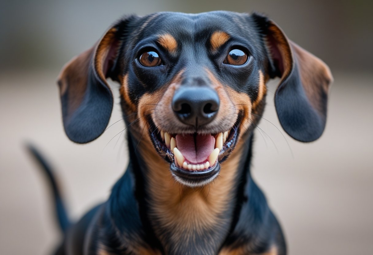 A dachshund showing aggression by baring its teeth and staring forward.