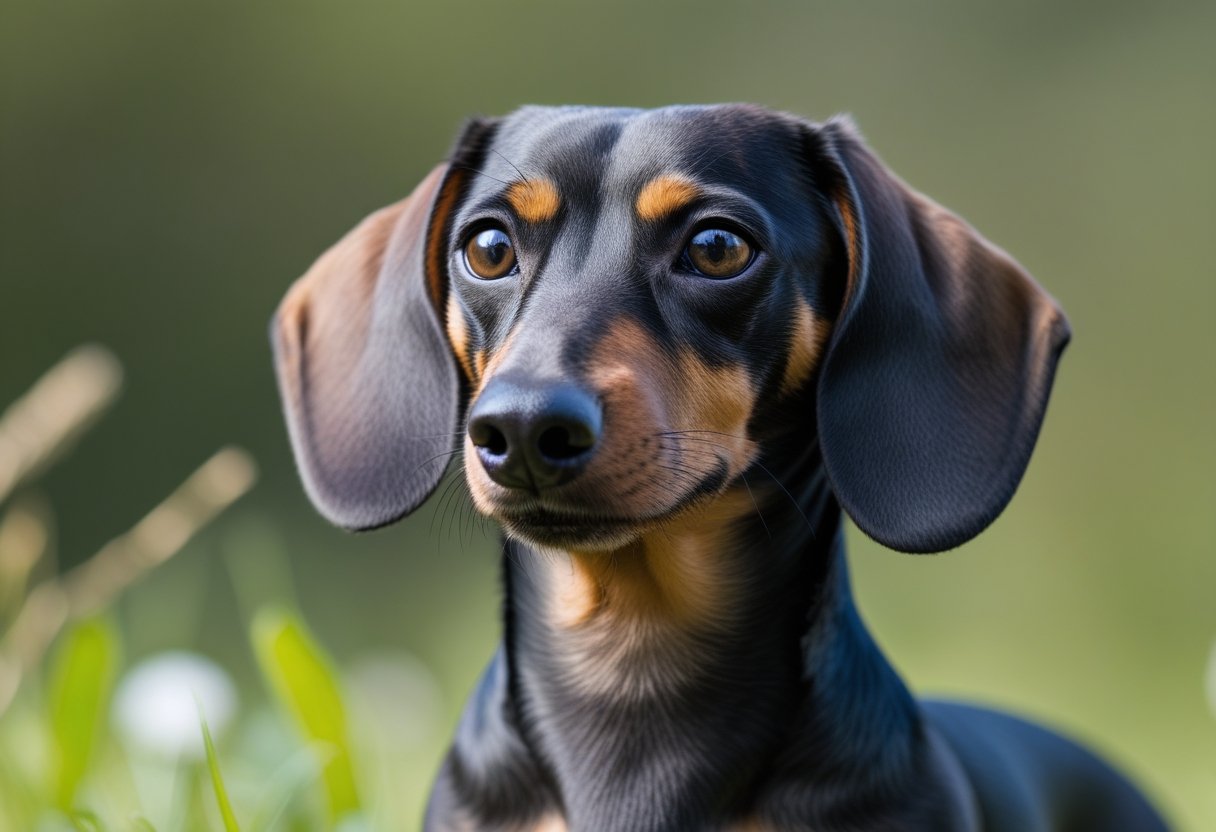 A close-up of a dachshund dog looking alert in an outdoor setting with green blurred background.