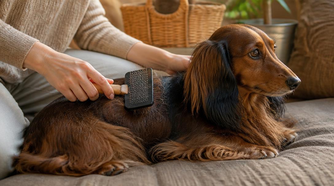 Owner brushing a long-haired dachshund’s coat with a slicker brush to manage shedding