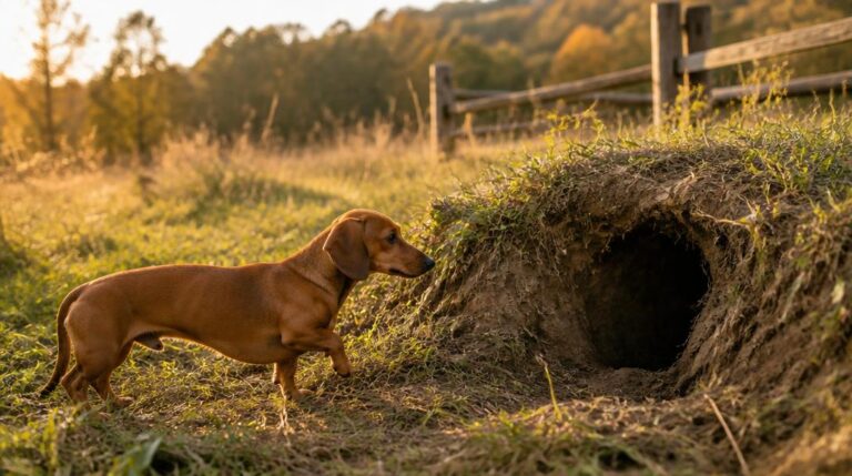 A dachshund investigates a badger burrow entrance in a sunlit meadow, illustrating the breeds original badger-hunting history