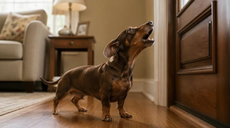 Alert dachshund barking toward a front door in a warm-toned living room