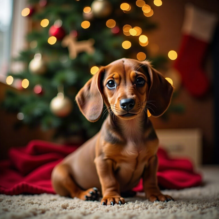 Cute dachshund puppy sitting in front of a decorated Christmas tree with ornaments, ready to celebrate the holidays.