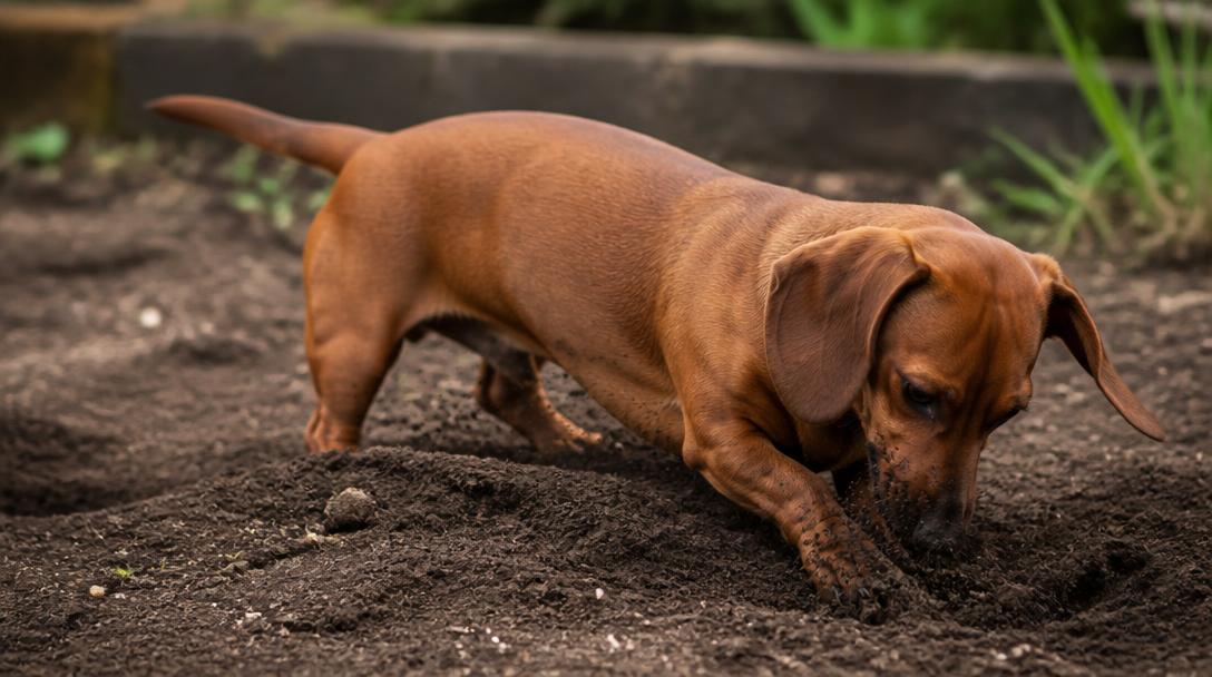 Dachshund digging in garden soil, showing the short legs and long body built for badger hunting