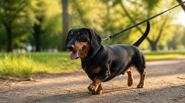 Dachshund walking happily on a leash outdoors during daily exercise