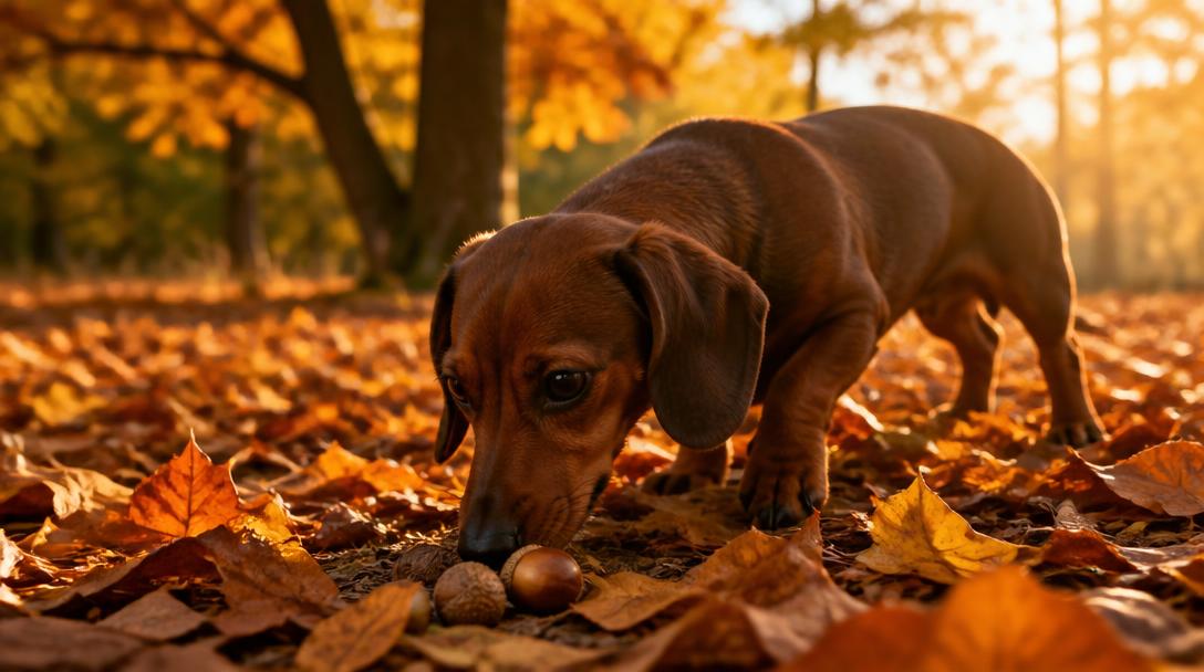 Dachshund sniffing at acorns and fallen leaves, a hidden ground-level hazard in fall