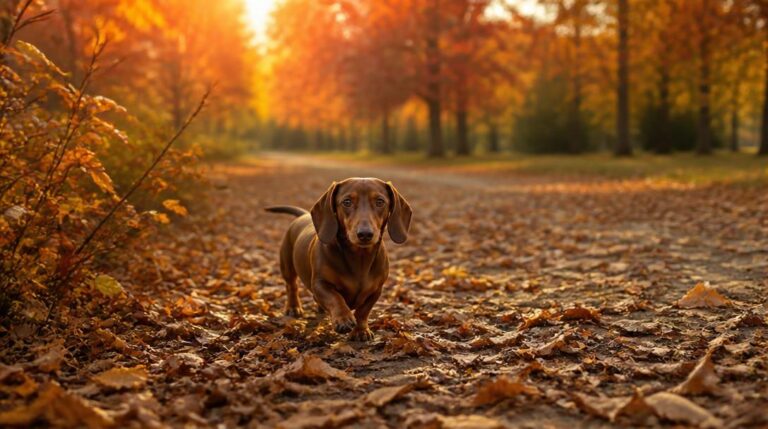 A dachshund walking along a leaf-covered path through an autumn forest at golden hour