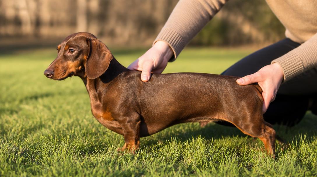 Owner checking a dachshunds waistline and back outdoors to monitor healthy weight and prevent obesity-related health issues