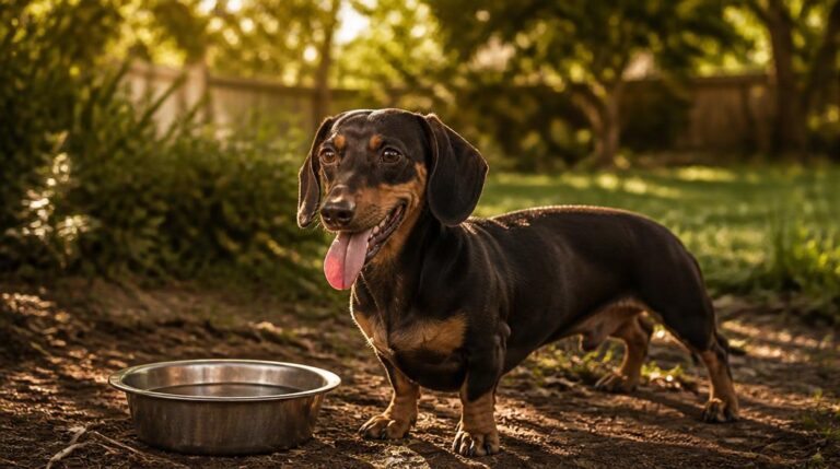 A dachshund panting in the shade next to a water bowl on a hot summer day, illustrating dachshund heatstroke prevention