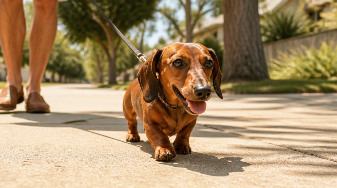 A dachshund on a leash walking on a sunlit sidewalk, illustrating how close its body is to hot pavement