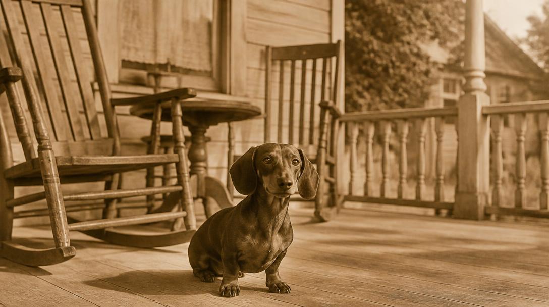 Vintage-style photo of a dachshund on an early 1900s American porch, representing the liberty pup era