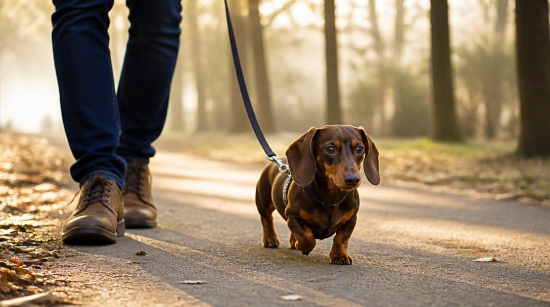 Dachshund on a leash enjoying a morning walk along a tree-lined park path