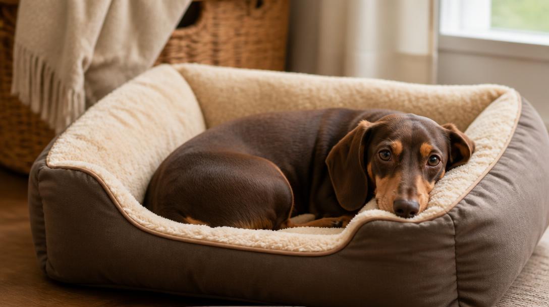 Dachshund resting comfortably in an orthopedic support bed that helps protect spinal health