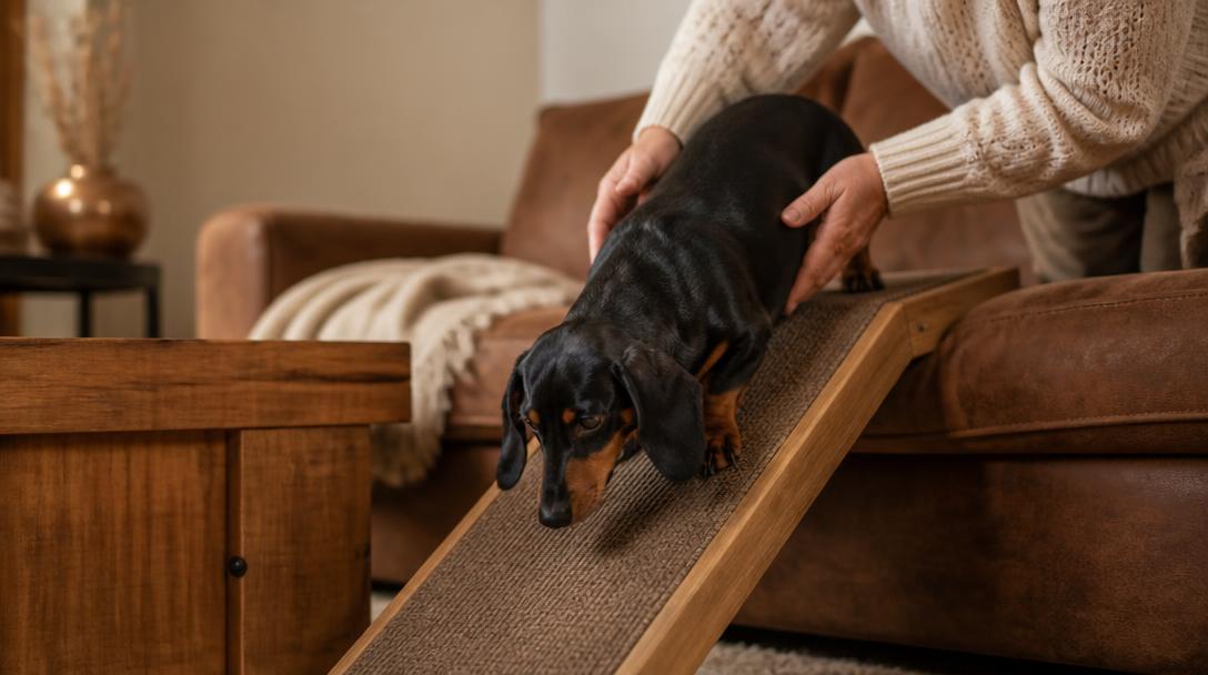 Dachshund using a pet ramp to get off the couch safely to protect its back