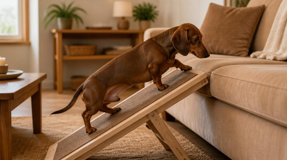 Dachshund using a pet ramp to safely climb onto the couch, protecting its back from jumping injury