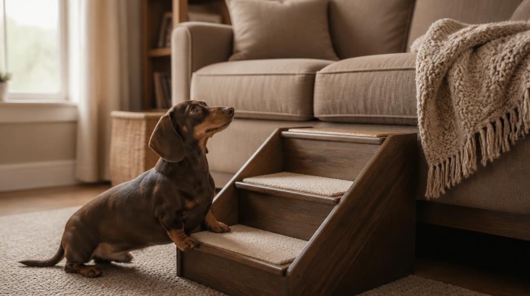 Dachshund hesitating to jump onto the couch, pausing at pet stairs instead, an early warning sign of spinal or back discomfort