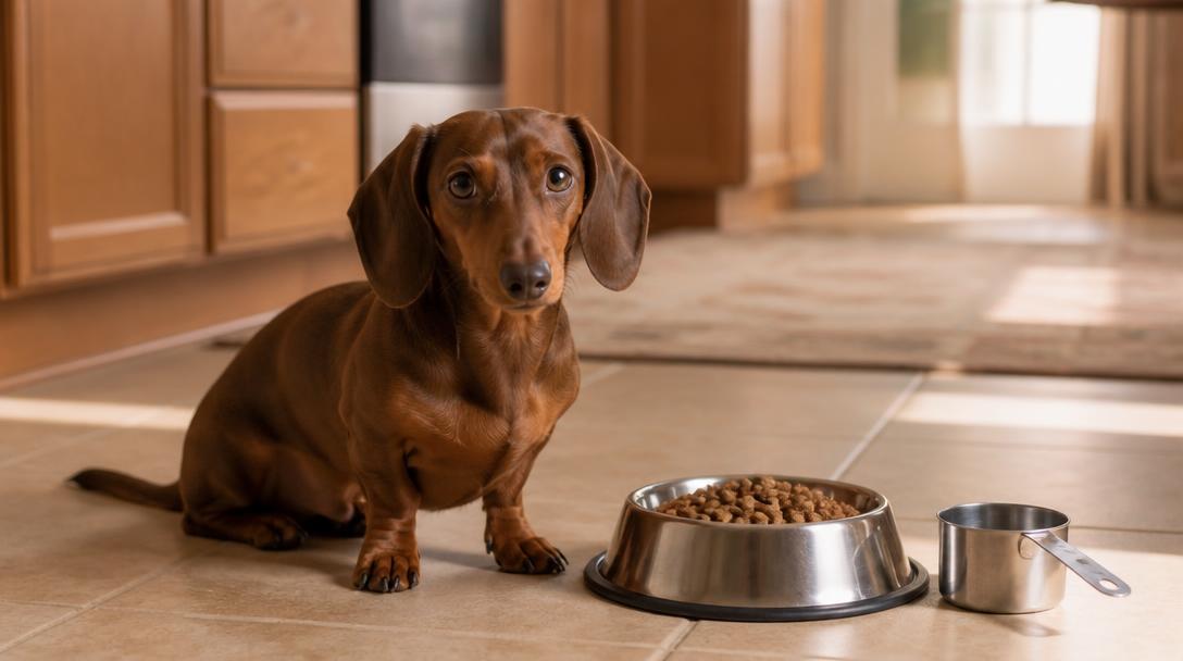 Dachshund sitting beside a measured bowl of dry kibble and a measuring cup, illustrating portion control feeding guidelines