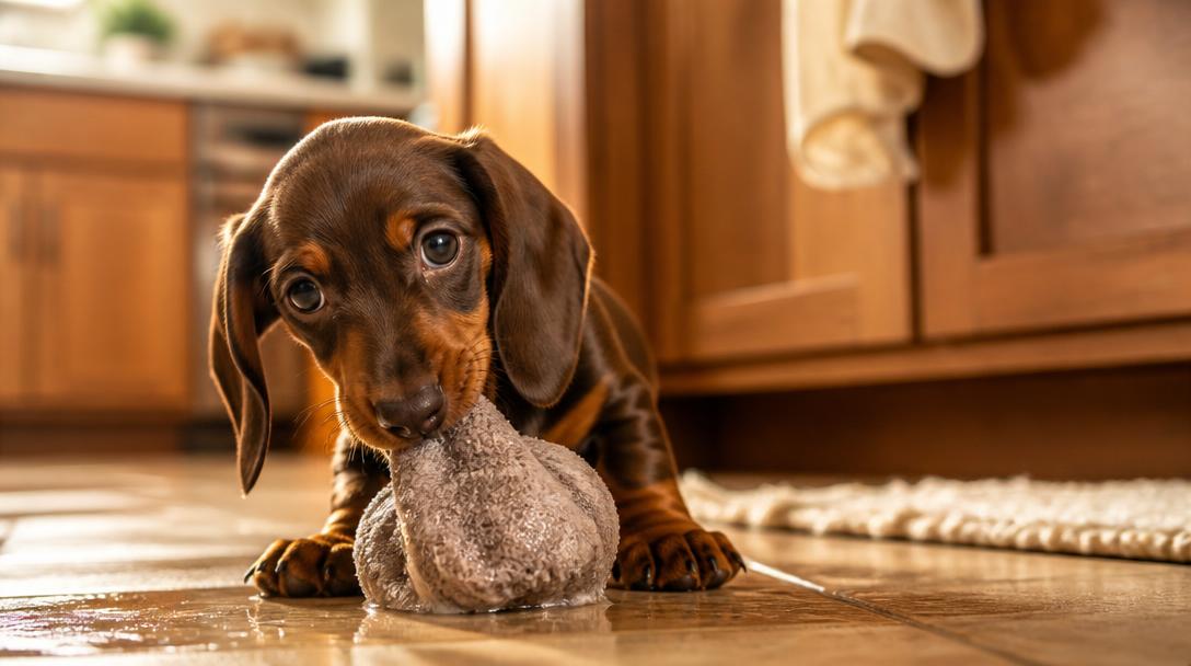 Dachshund puppy chewing on a frozen wet washcloth to soothe sore teething gums