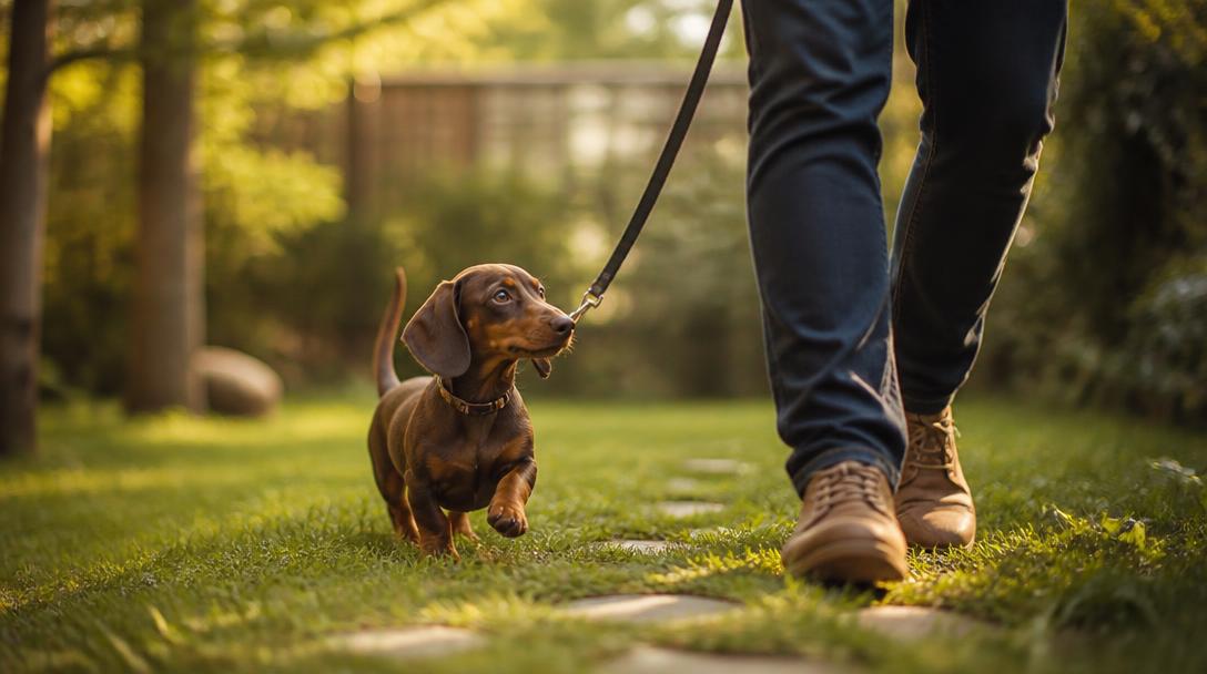 Dachshund puppy walking calmly on a leash during leash training in the backyard