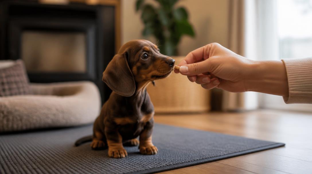 Dachshund puppy receiving a treat reward during positive reinforcement training