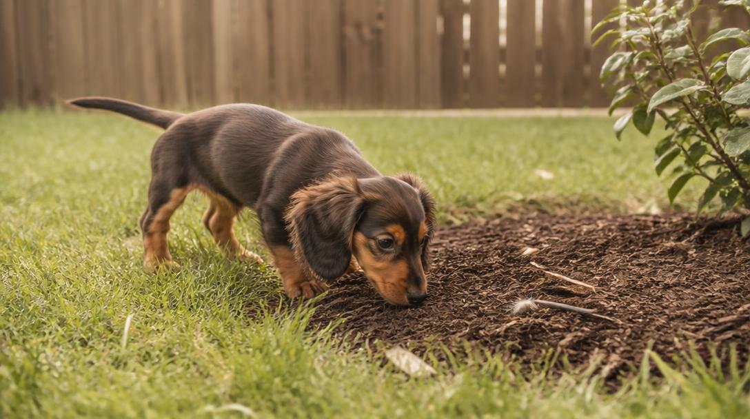 Dachshund puppy sniffing a designated potty training spot in the backyard grass