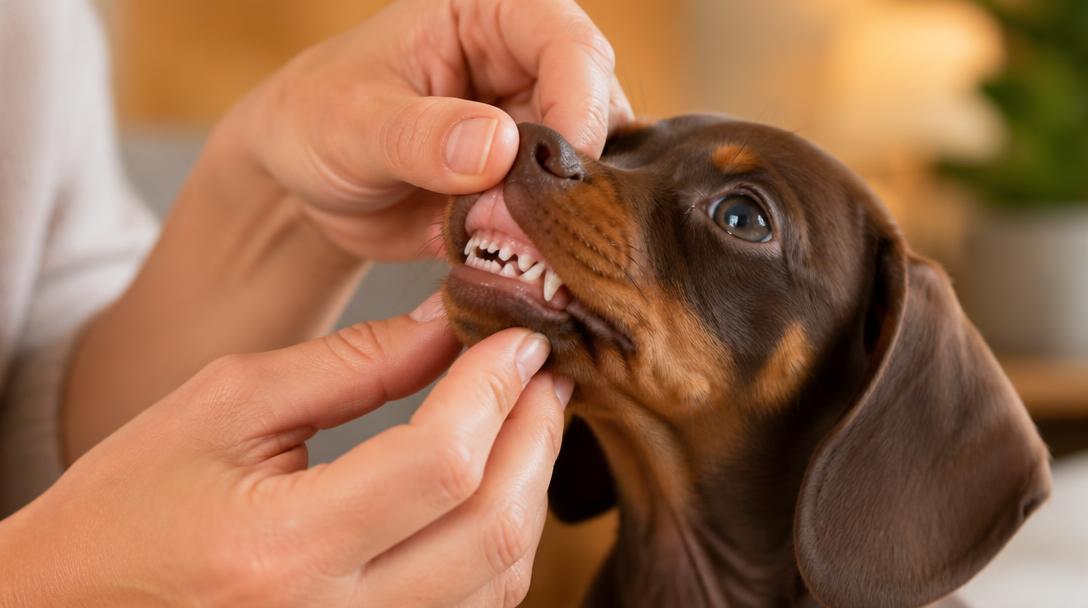 Owner gently checking a dachshund puppy's gums and teeth for retained baby teeth