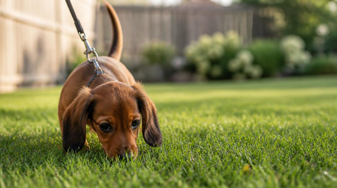 Dachshund puppy on a leash sniffing grass during a gentle short walk