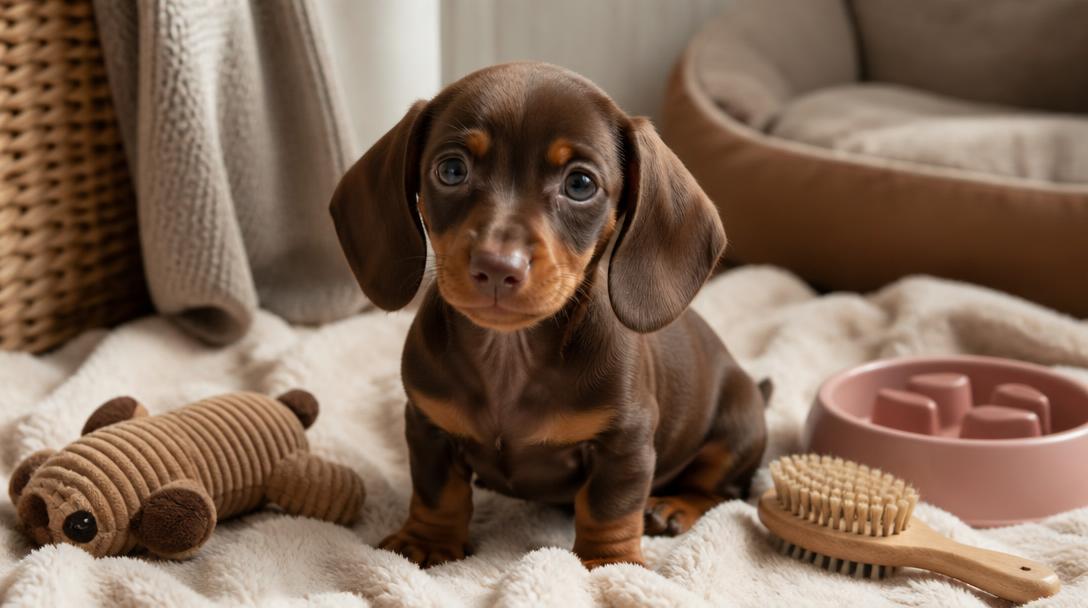 Dachshund puppy sitting on a blanket surrounded by puppy supplies including a chew toy, brush, and slow-feeder bowl