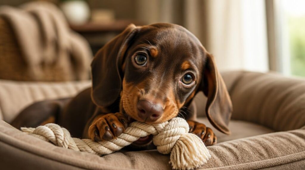 Dachshund puppy chewing on a rope teething toy while resting in a dog bed