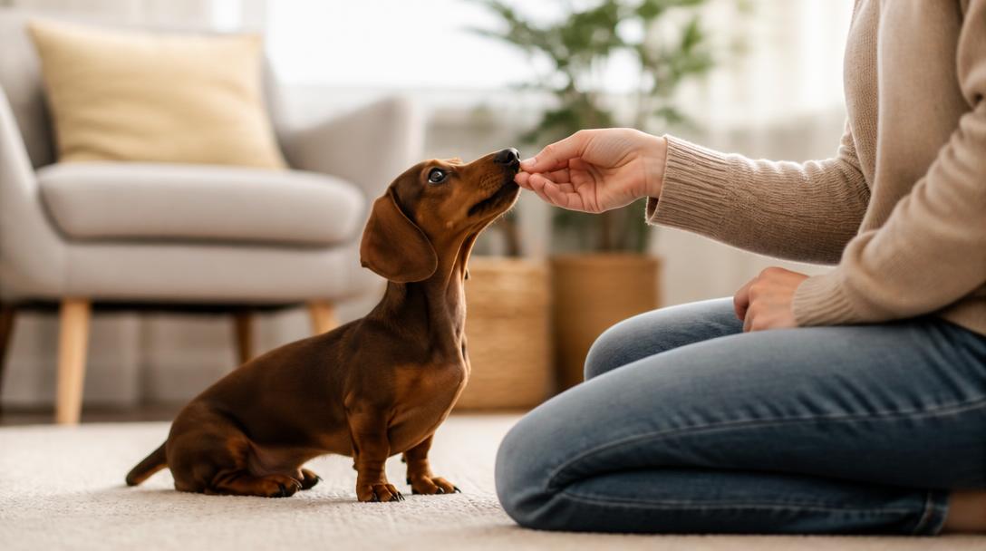Dachshund puppy calmly receiving a treat during quiet cue training with owner