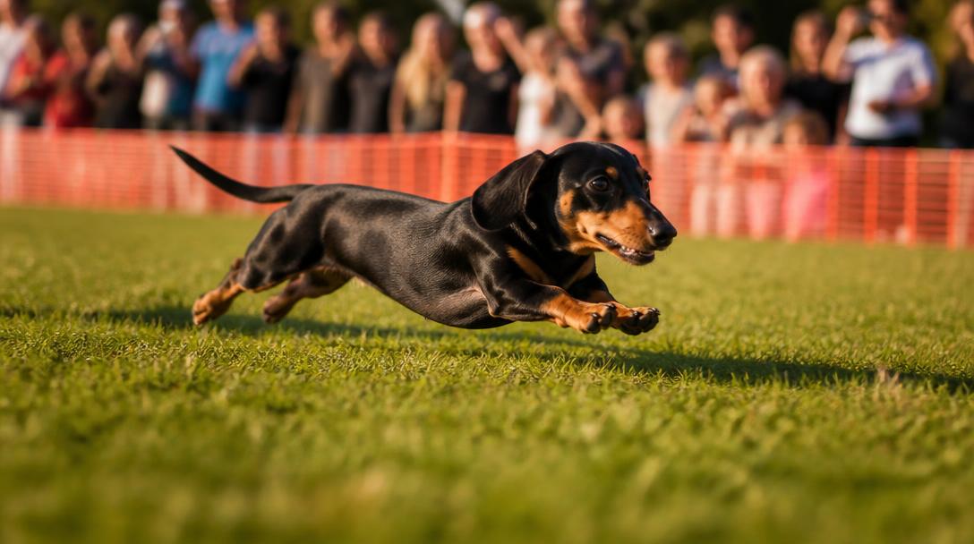 Black and tan dachshund at full sprint across a grassy race lane during a wiener dog race