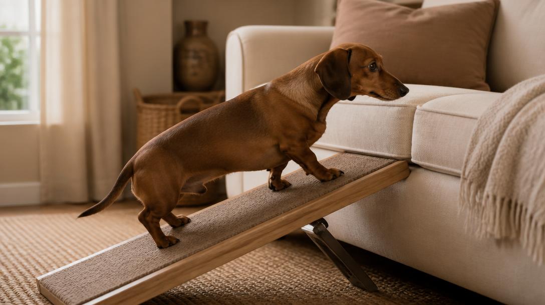 Dachshund walking up a ramp onto a sofa to protect its back from jumping