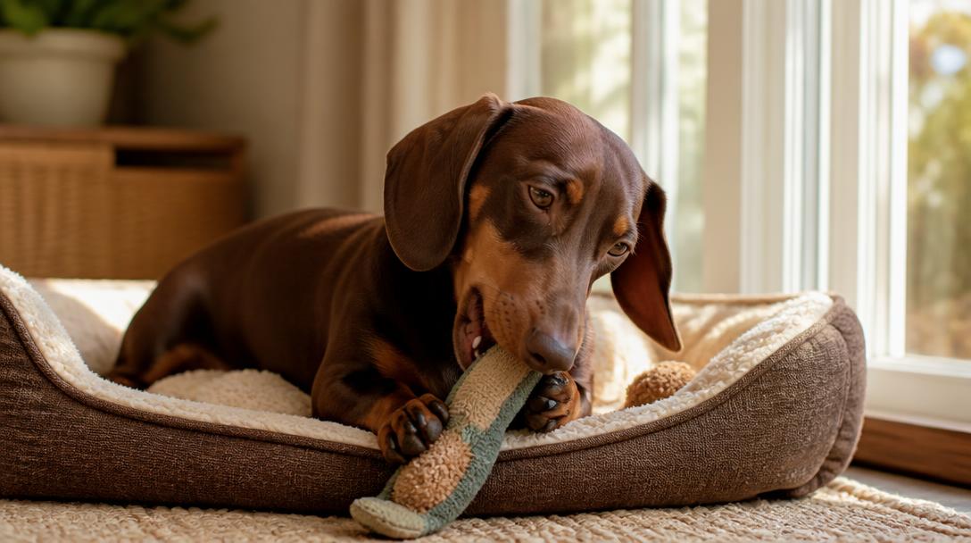Dachshund lying calmly on a dog bed chewing a toy near a sunlit window