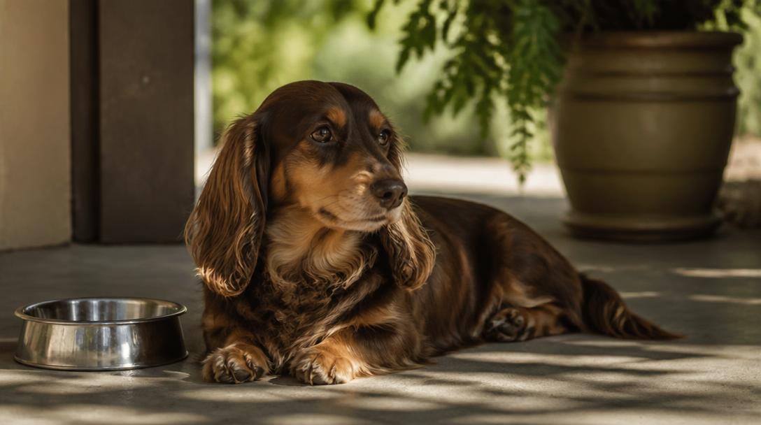 A long-haired dachshund resting in the shade next to a water bowl on a hot day