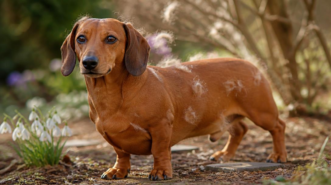 Smooth-coated dachshund shedding loose fur outdoors during a seasonal spring coat change