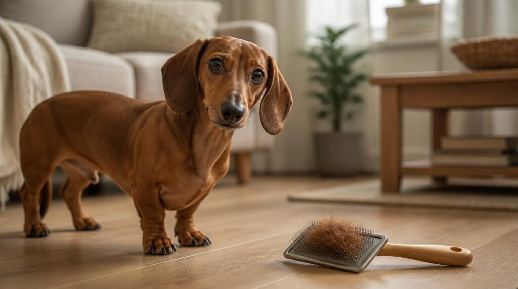 Dachshund shedding fur onto a slicker grooming brush, illustrating dachshund coat care
