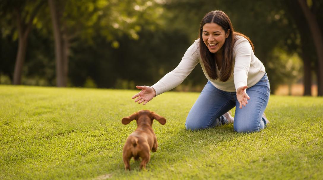 Smiling owner kneeling on grass calling a small dachshund running toward her during a fun run