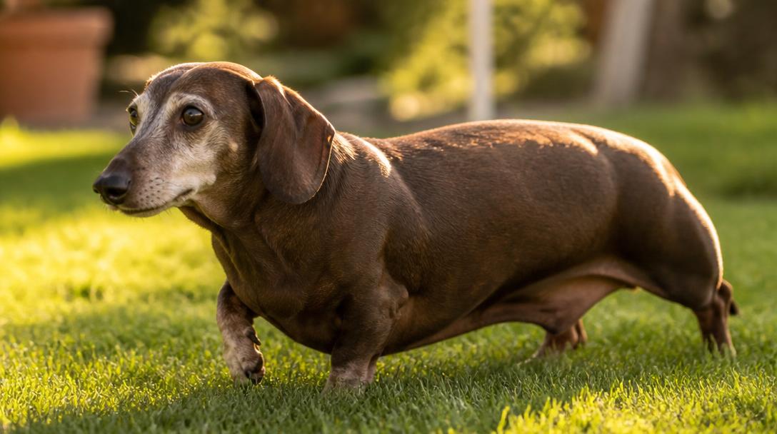 Senior dachshund with a graying muzzle walking on soft grass during gentle, low-impact exercise for joint health