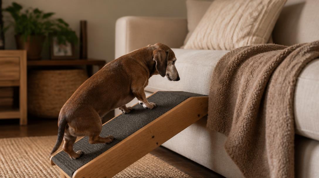Senior dachshund carefully using a wooden pet ramp to get onto the couch