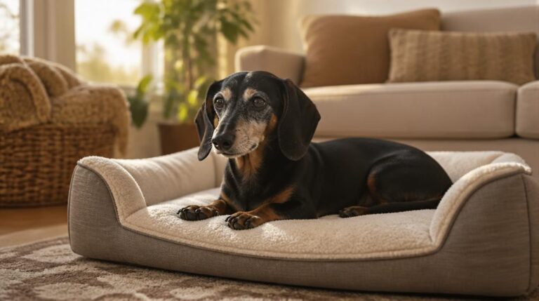 Senior dachshund with a graying muzzle resting comfortably on an orthopedic dog bed in a warm sunlit living room