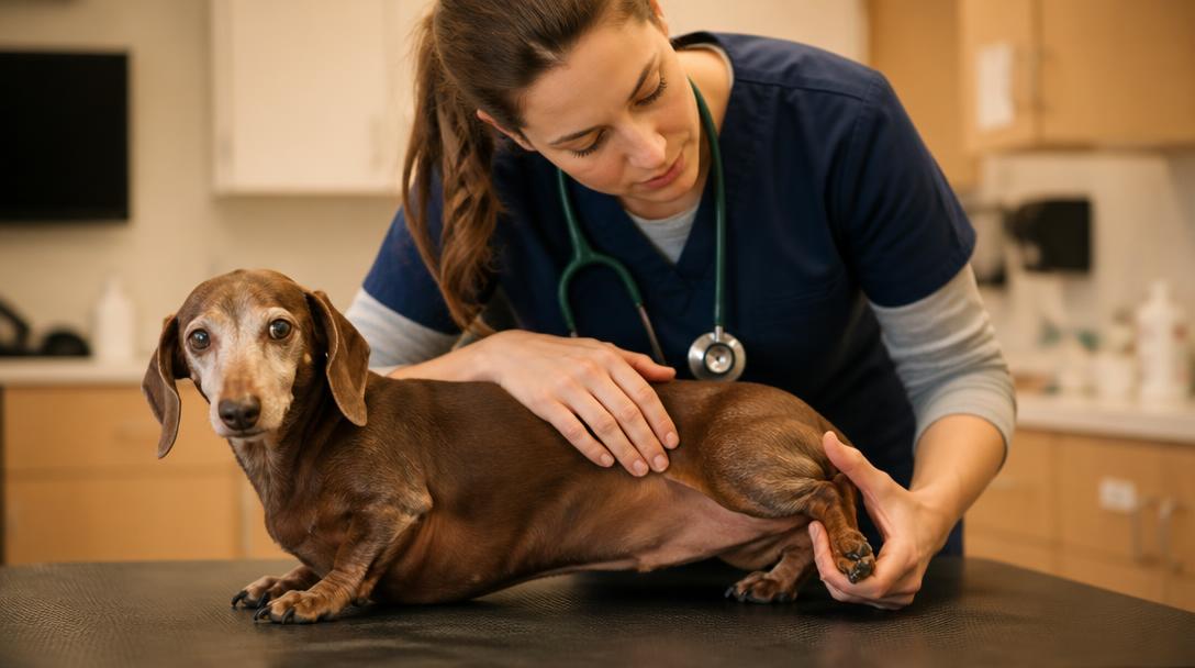 Veterinarian gently examining an older dachshund's joints and hips during a senior wellness checkup