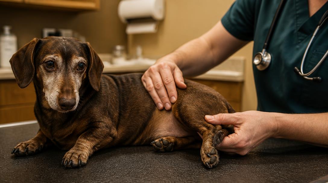 Veterinarian gently examining a senior dachshunds hind leg and hip during a joint health check-up
